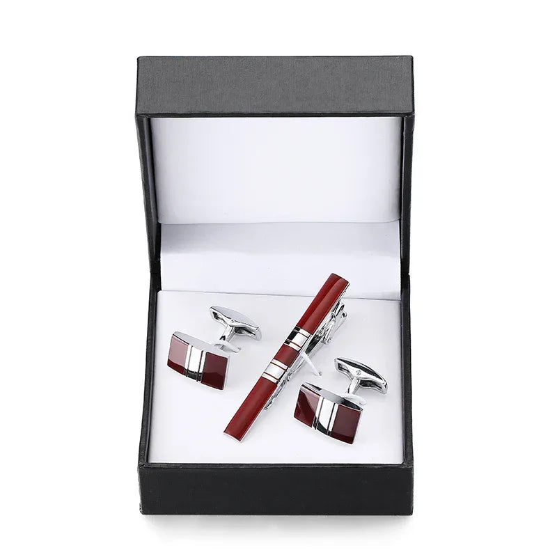 Tie clip cufflink box set square brushed enamel striped cross design men's French shirt cufflinks business suit tie clip gift - Luvia