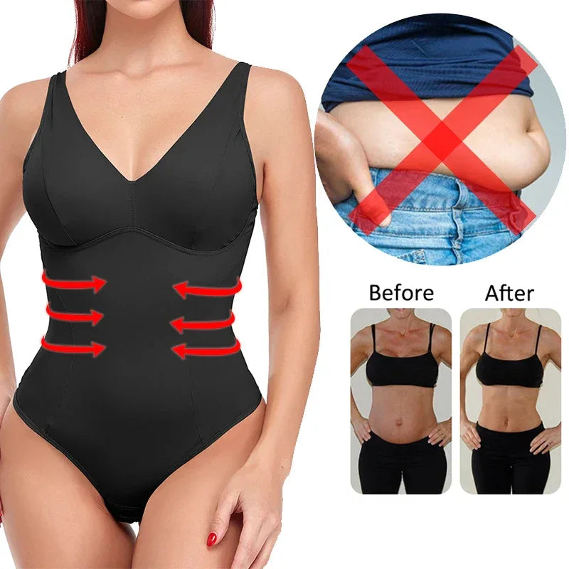Shapewear Bodysuit Thong Body Shaper for Women Waist Trainer Corset Deep V Neck Slimming Underwear Built-in Bra Camisoles Tops - Luvia
