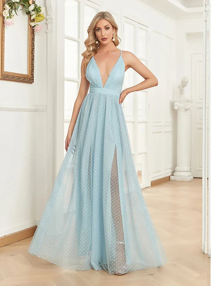 Elegant A-line Chiffon Evening Dresses Luxury Floor Lenght Backless Formal Deep V-neck Women Tulle Caicktail Wedding Party Gowns - Luvia