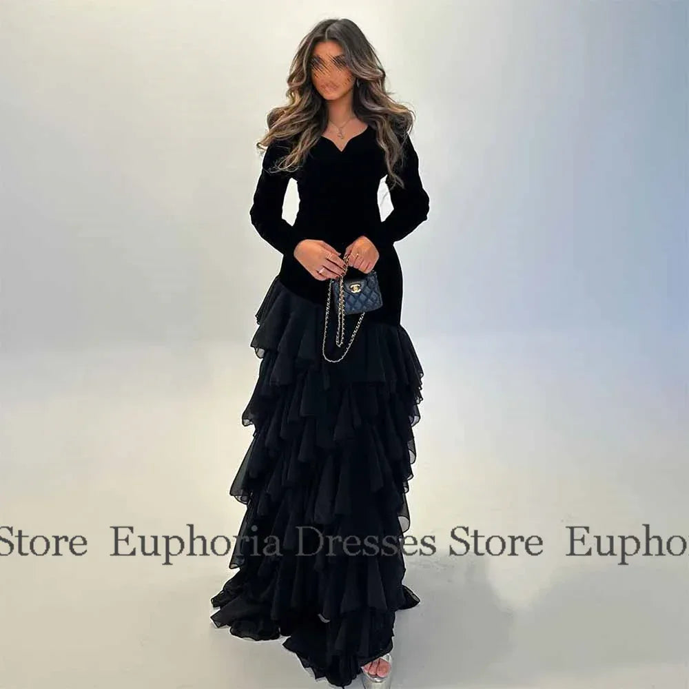 Formal Dresses for Special Events Chiffon A-line Celebrity Dress Black Jersey V-neck Tiered Side Split Evening Dress Long 2025 - Luvia