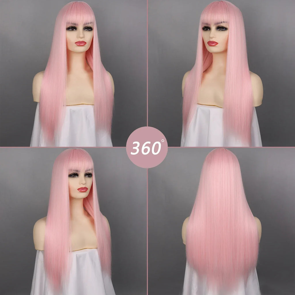Synthetic Straight Wigs with Bangs Long Silky Heat Resistant Fiber Hair Full Machine Wig Cosplay Party Wig For Fashion Women - Luvia