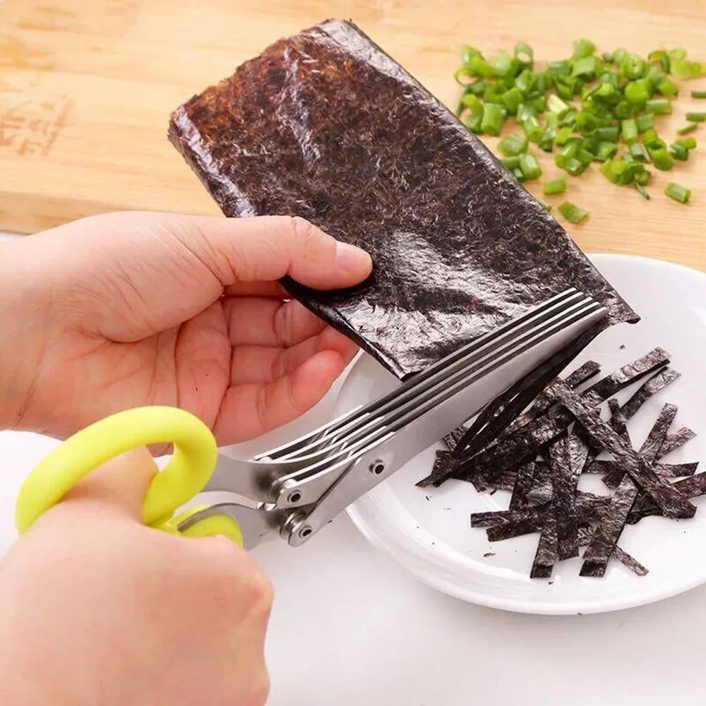 Herb Scissors Stainless Steel 5 Blade Kitchen Shears Household Vegetable Cutter with Cover Multifunctional Kitchen Gadgets - Luvia