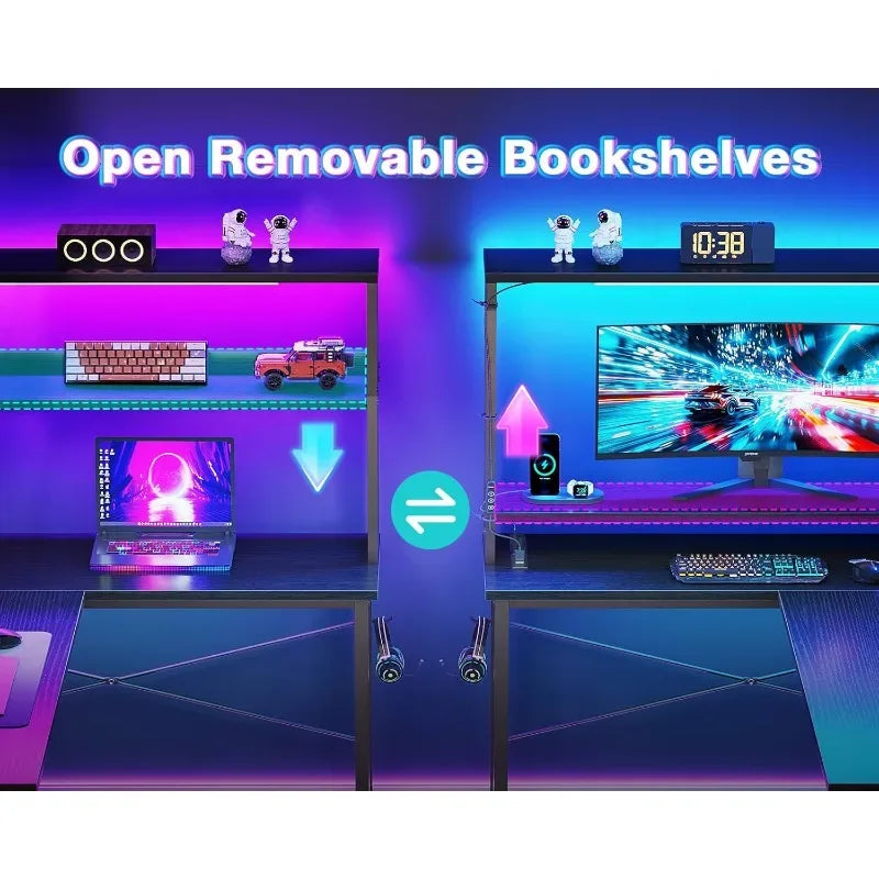 L Shaped Desk Gaming Desk with LED Light & Power Outlet, 53 Inch Reversible L Shaped Computer Table with Shelf & Storage Ba - Luvia