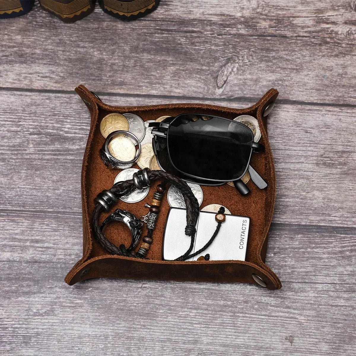 Creative Genuine Leather Valet Snap Tray Home Ofiice Desk Organizer Jewelry Pen Key Coin Desktop Storage Tray Folding Storage - Luvia