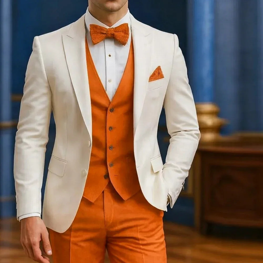 Men's Formal White And Orange Suit Occasion Wedding Groomsmen Graduation Dance Smoking 3 Piece Tuxedo Traditional Male Attire - Luvia