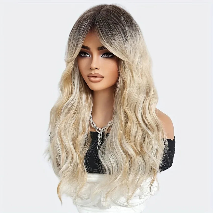 [Heat Resistant Wig] Elegant Heat Resistant Long Curly Wave Wig with Bangs | Synthetic Hair, Suitable for Beginners, Ideal for D - Luvia