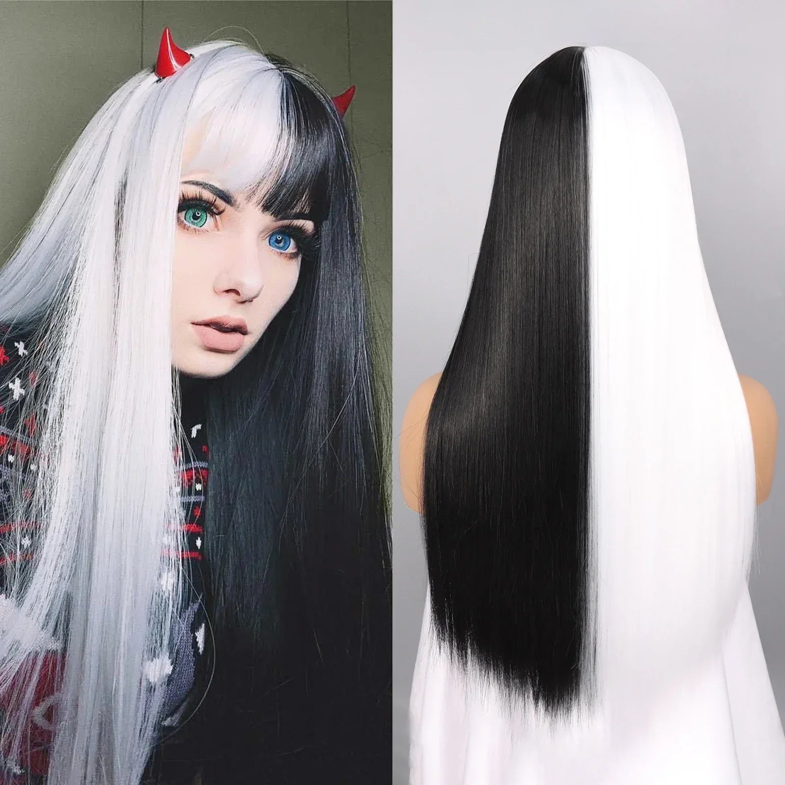 Synthetic Straight Wigs with Bangs Long Silky Heat Resistant Fiber Hair Full Machine Wig Cosplay Party Wig For Fashion Women - Luvia