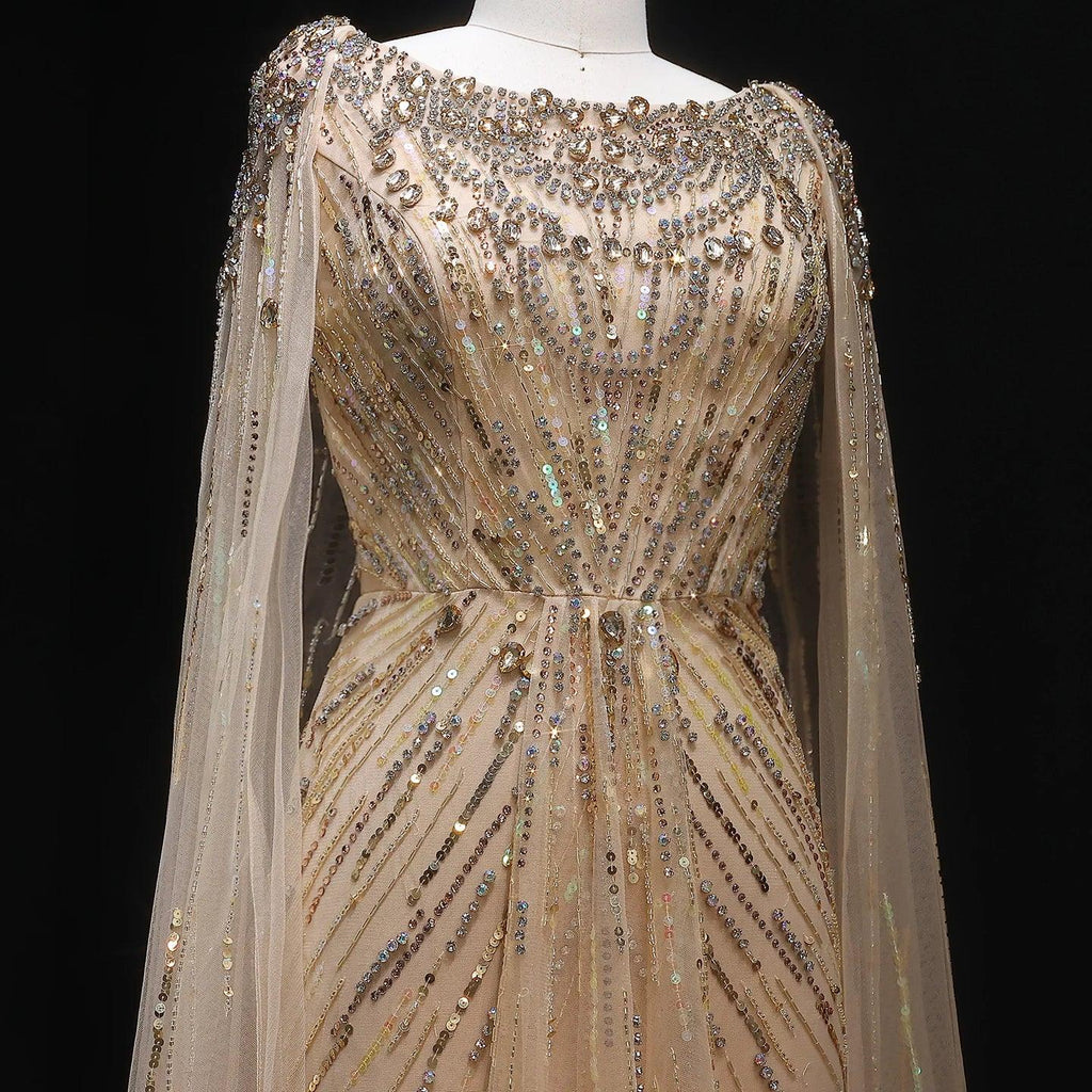 Sharon Said Luxury Gold Mermaid Evening Dress With Cape Sleeve for Women Wedding Party Lilac Prom Gown Arabic SS549 Customized - Luvia