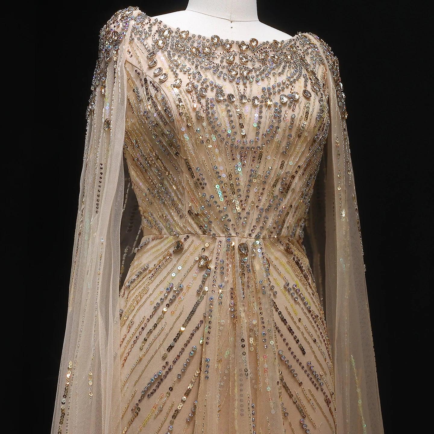 Sharon Said Luxury Gold Mermaid Evening Dress With Cape Sleeve for Women Wedding Party Lilac Prom Gown Arabic SS549 Customized - Luvia