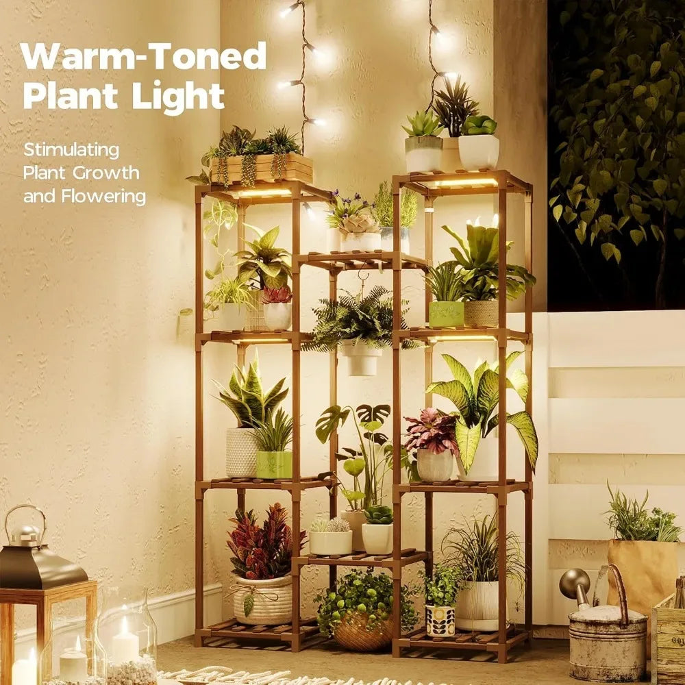 Multi-Tier Plant Stand with Grow Light, Large Wood Shelf for Indoor Outdoor Gardening Decor - Luvia