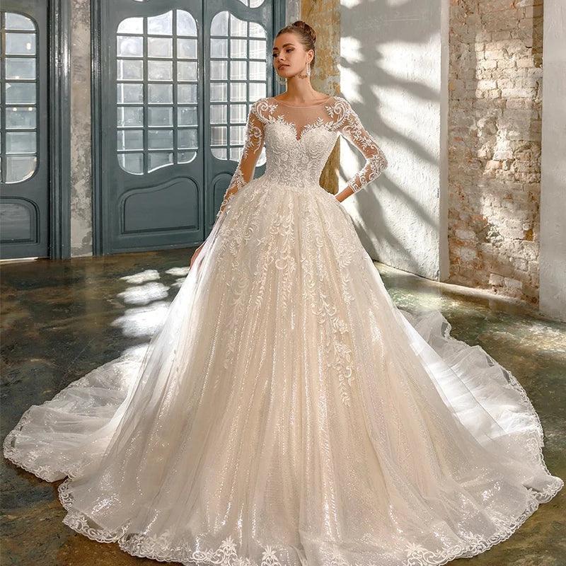 LOUIS NOVIAS Luxury Ball Gown Wedding Dress For Women Long Sleeve Glitter Beading Appliques Wedding Gown Vestidos De Novia - Luvia