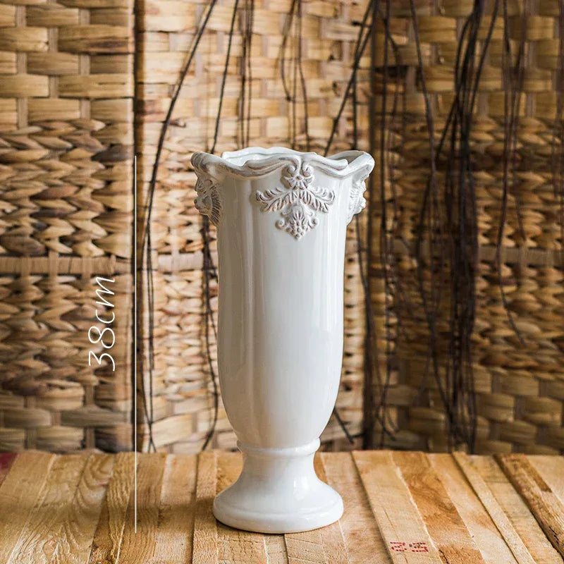 French Ceramic Vase Palace Flower Relief Decorative Living Room Flower Vases Retro Dining Room Desktop Ornaments Home Decoration - Luvia
