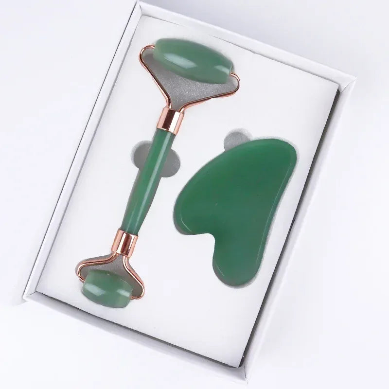 Natural Rose Quartz Jade Roller+Scraping Board Set Facial Massager Jade Stone Roller Gua Sha Face Lifting Massage Tool Skin Care - Luvia