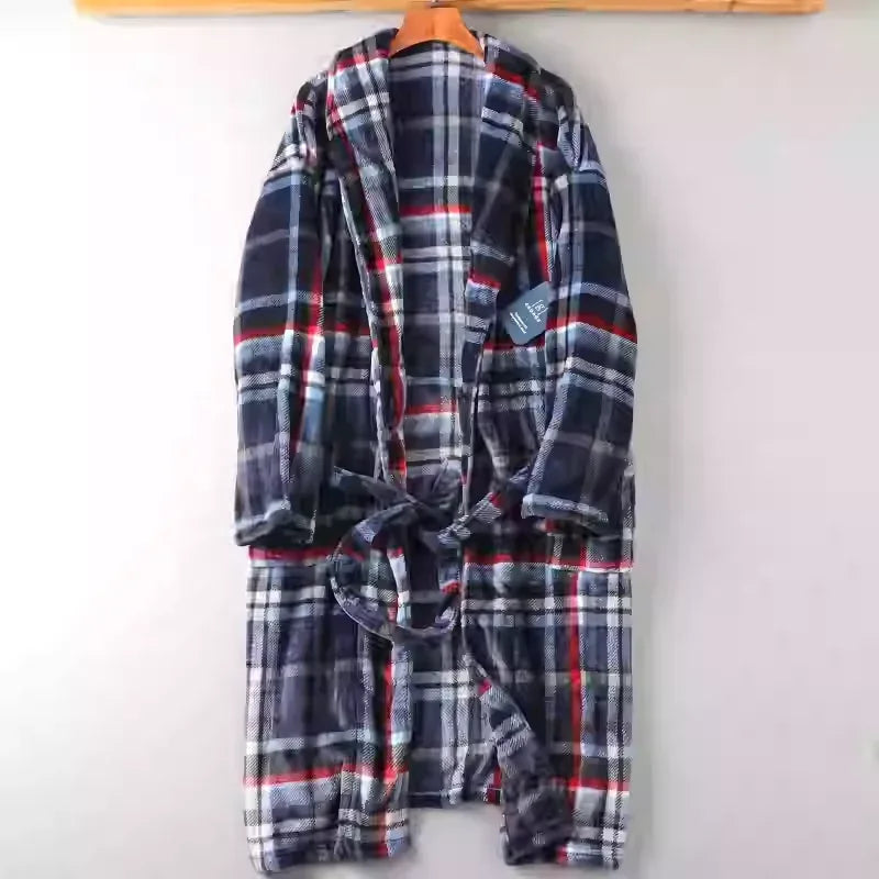 Men's Nightgown Home clothes Robes Winter warmth flannel bathrobe Plaid Pajamas Male lounge sleepwear - Luvia