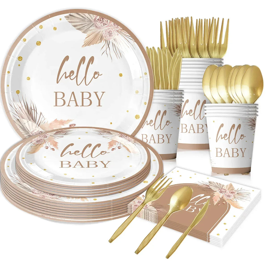 kit Kids Birthday Party Balloons Hello Baby Boy Girl DIY Cake Topper Paper Tableware 1st Birthday Party Baby Shower Decorations - Luvia