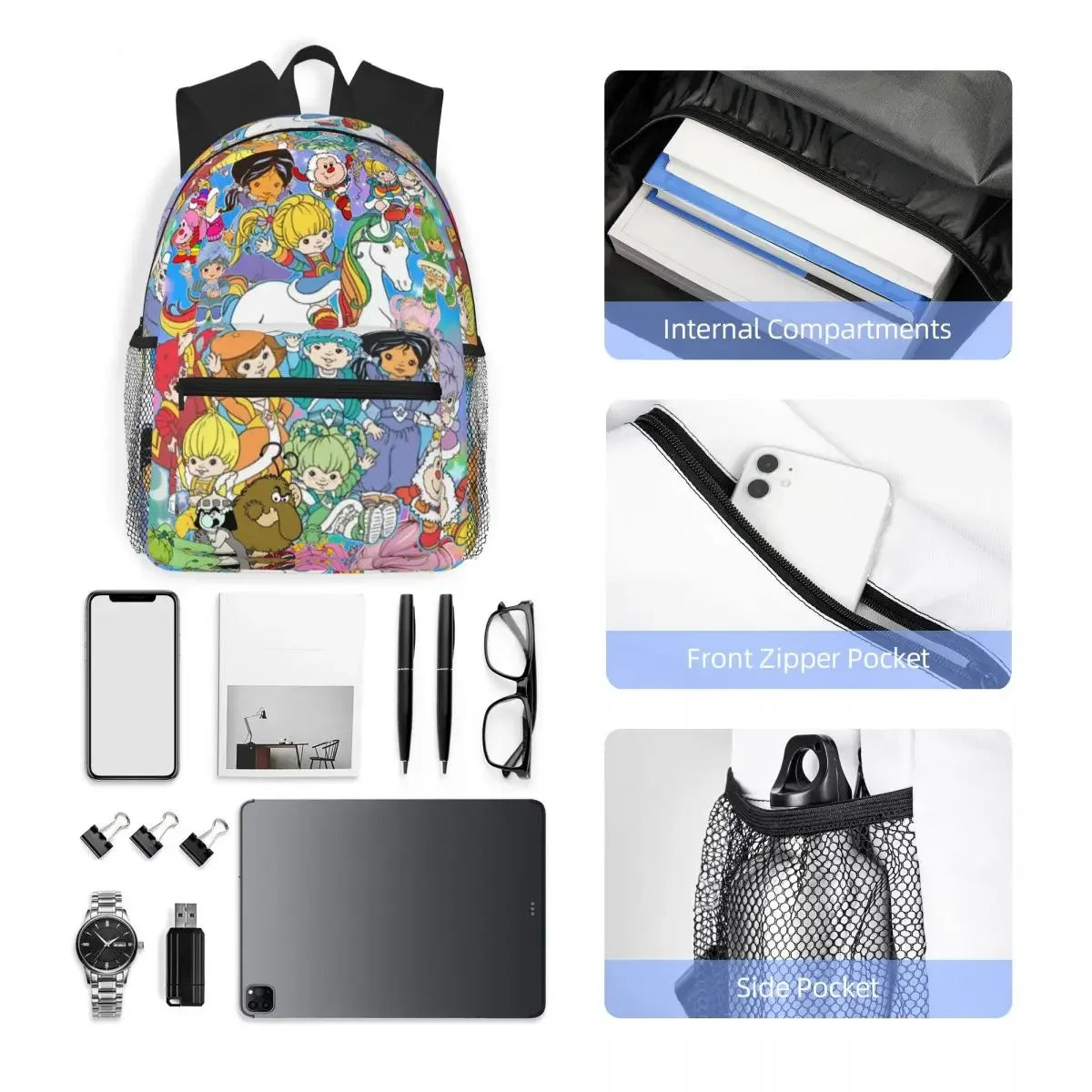 Cartoon Cute Rainbow Brite Student Backpack School Bag Hiking Travel Daypack for Boys Girls Fashion Bookbag Shoulder Bags - Luvia