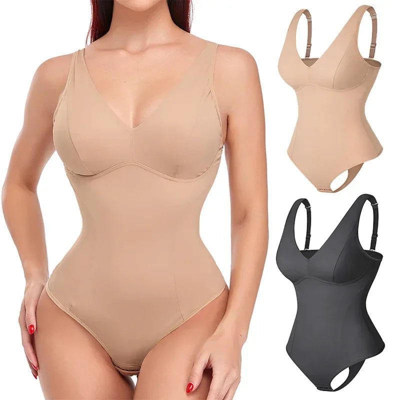 Shapewear Bodysuit Thong Body Shaper for Women Waist Trainer Corset Deep V Neck Slimming Underwear Built-in Bra Camisoles Tops - Luvia