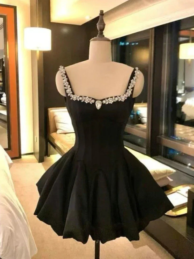 French Elegant Style Evening Party Short Dresses Women Vintage Rhinestone Strap Hepburn Dress Sweet Princess Clothing 2025 New - Luvia