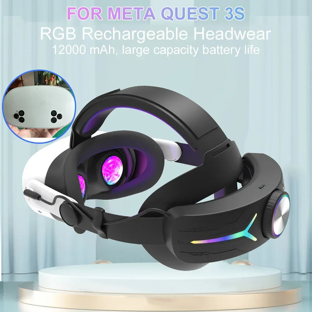 Adjustable RGB Head Strap with 12000mAh Battery Extend VR Playtime Comfort Replacement Head Strap for Meta Quest 3S - Luvia