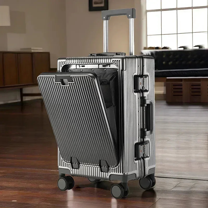Front Opening Large Capacity Rolling Luggage Case Aluminum Frame ABS+PC Trolley Case Suitcase USB Charging Boarding Case - Luvia