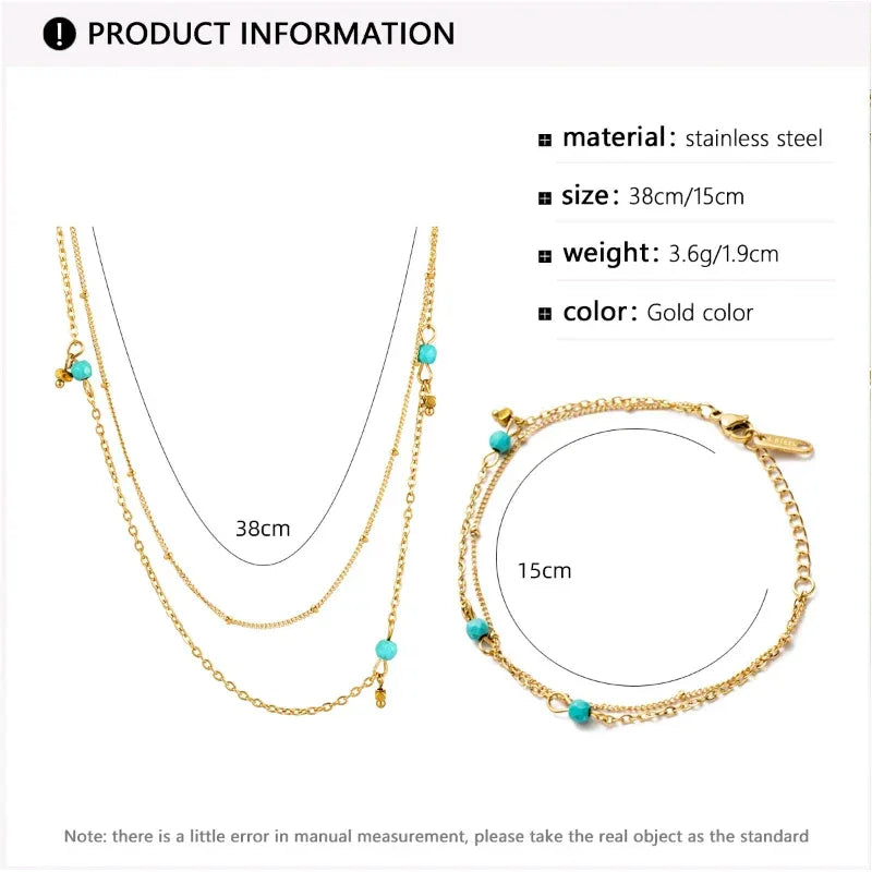 Gold Plated Stainless Steel Layered Necklace for Women Green Beads Pendant Choker Chain Necklaces Engagement Fashion Jewelry - Luvia
