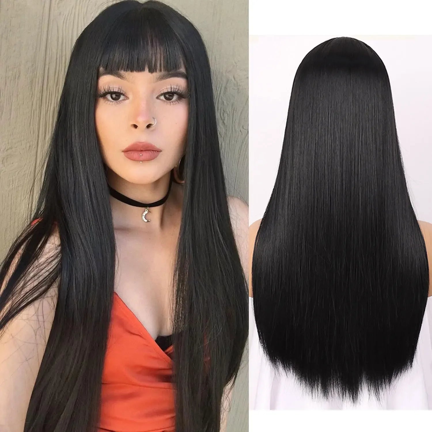 Synthetic Straight Wigs with Bangs Long Silky Heat Resistant Fiber Hair Full Machine Wig Cosplay Party Wig For Fashion Women - Luvia