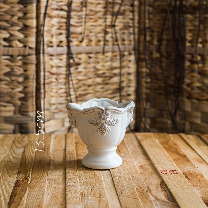 French Ceramic Vase Palace Flower Relief Decorative Living Room Flower Vases Retro Dining Room Desktop Ornaments Home Decoration - Luvia