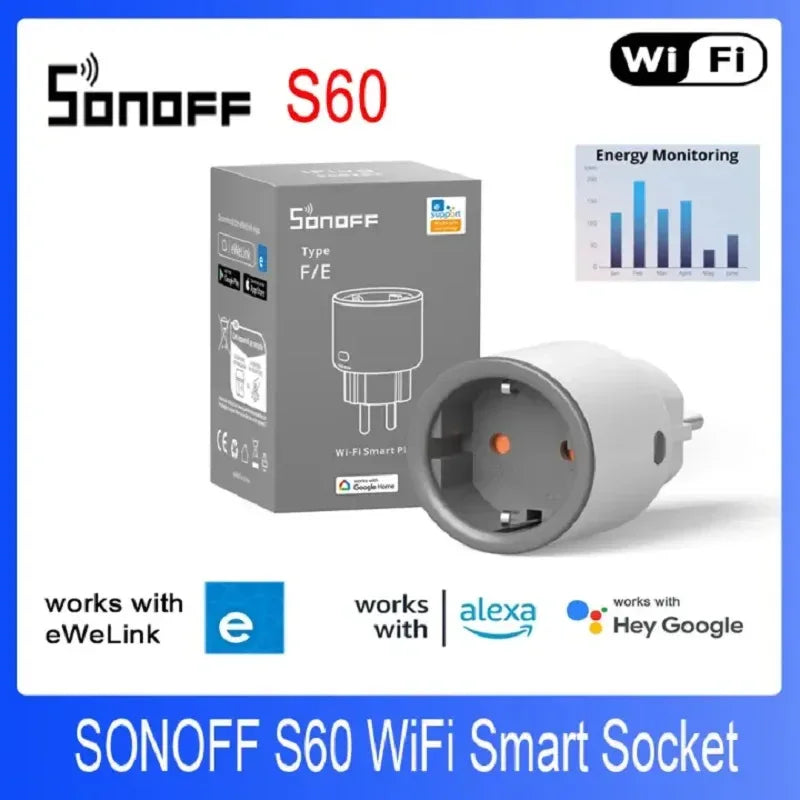 SONOFF Smart Socket S60 TPF EU WiFi 16A Smart Plug With Energy Monitoring Remote Control Timer Voice Control Smart Scene Current - Luvia