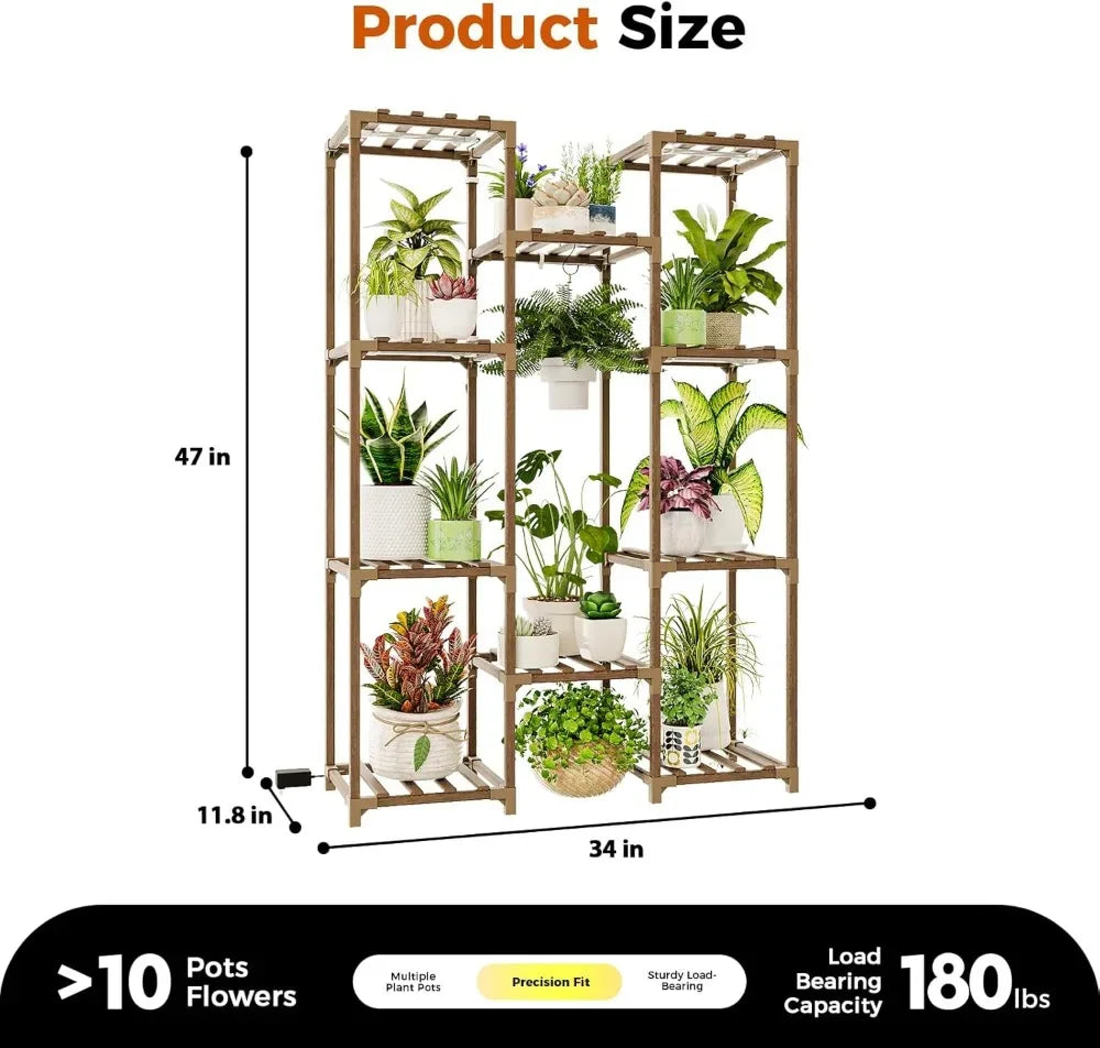 Multi-Tier Plant Stand with Grow Light, Large Wood Shelf for Indoor Outdoor Gardening Decor - Luvia