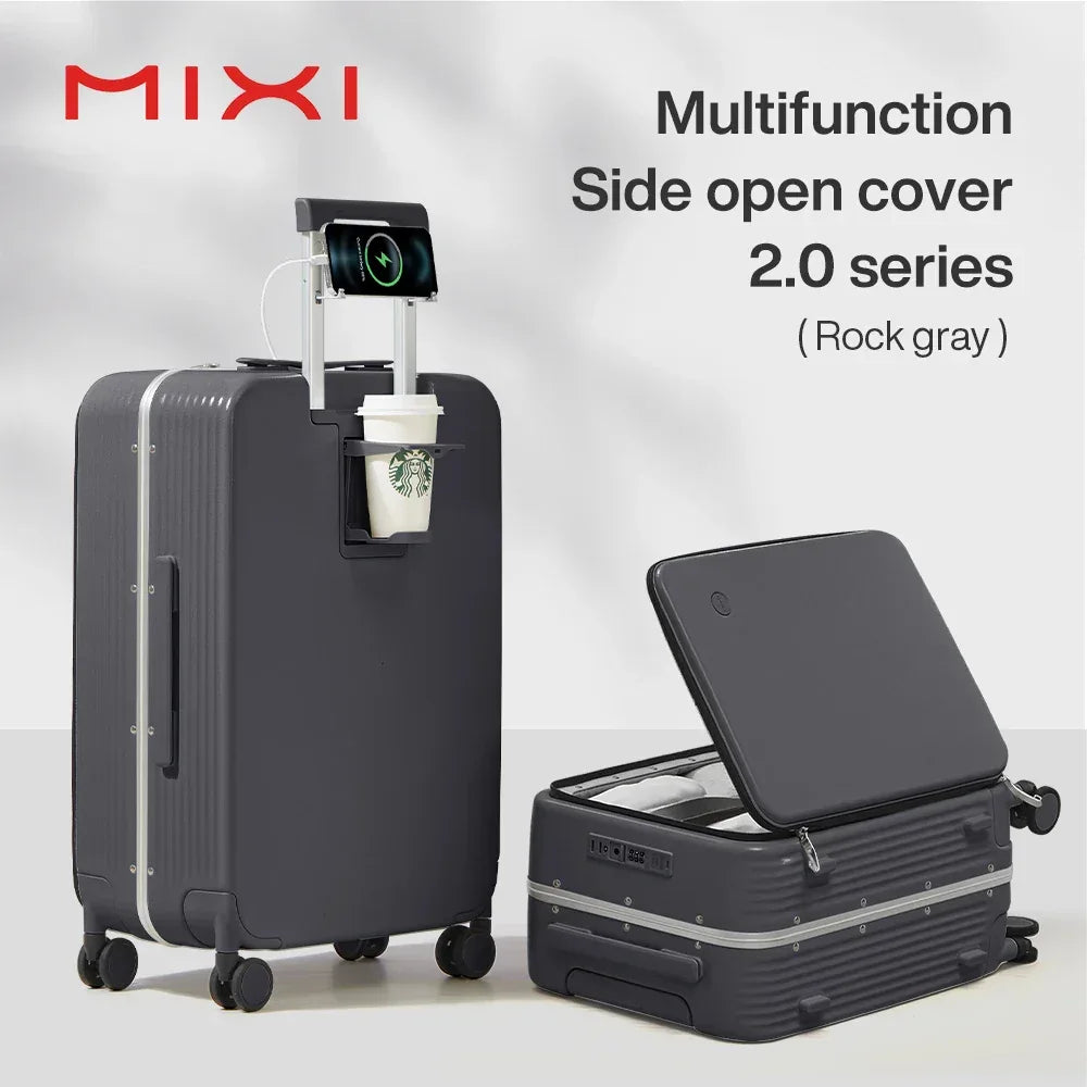 Mixi New Aluminum Frame Suitcase Carry On Rolling Luggage with USB Port Boarding Cabin Cup and Phone Holder 20 24 Inch - Luvia