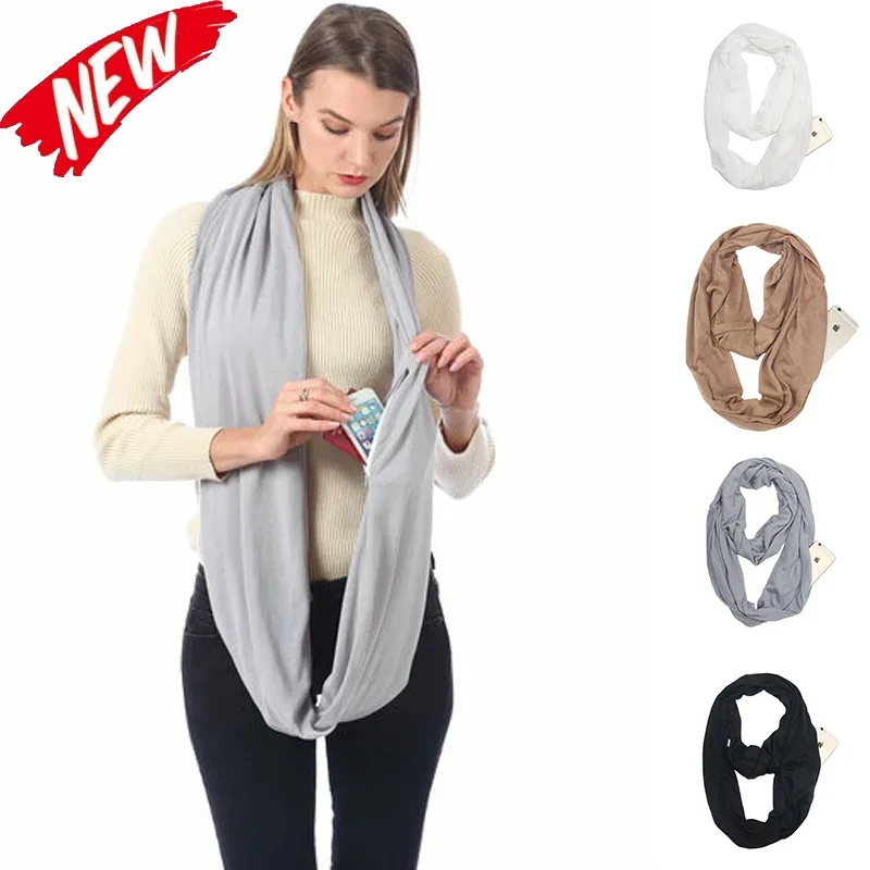 Women Infinity Loop Scarf with Hidden Zipper Pocket Travel Scarf Solid Color Neck Wrap Suitable for Daily Traveling Storage - Luvia