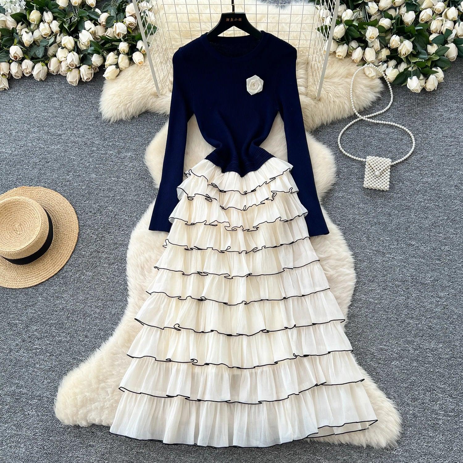 Elegant Chic Knit Tiered floral Long Dresses French Evening Party High Street autumn winter women clothing - Luvia