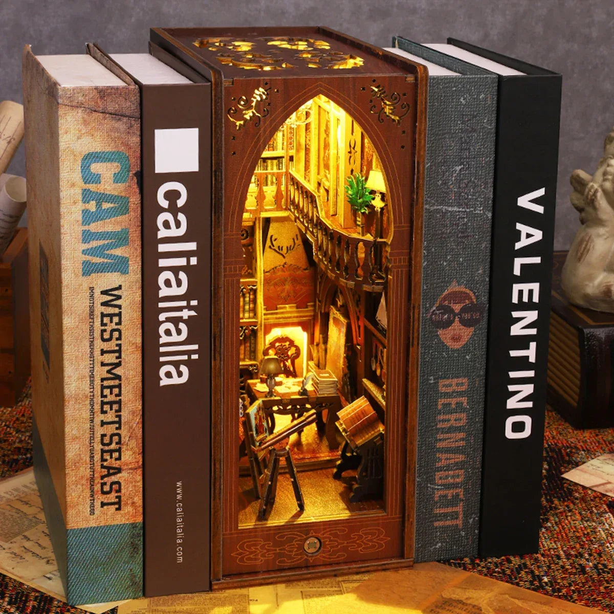 New DIY Book Nook Kit 3D Wooden Miniature Dollhouse Bookend Building with LED Light Bookshelf Decoration Birthday New Year Gifts - Luvia