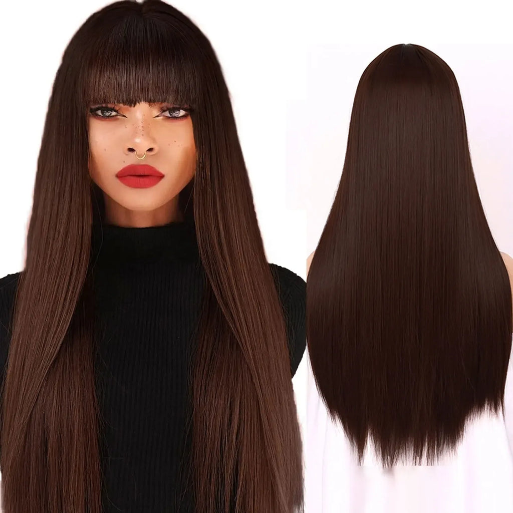 Synthetic Straight Wigs with Bangs Long Silky Heat Resistant Fiber Hair Full Machine Wig Cosplay Party Wig For Fashion Women - Luvia
