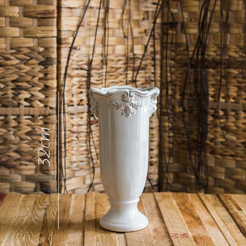 French Ceramic Vase Palace Flower Relief Decorative Living Room Flower Vases Retro Dining Room Desktop Ornaments Home Decoration - Luvia