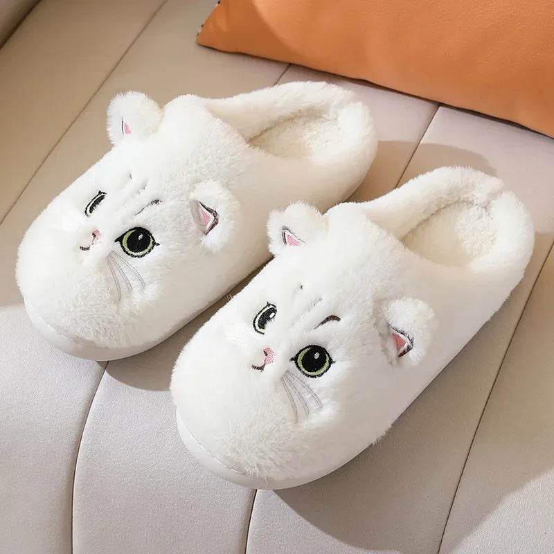 Winter Warm Slipper Women House Fuzzy Cat Cartoon Fur Plush Indoor Lazy Female Thermal Home Shoe Furry Funny Flat flip flop - Luvia