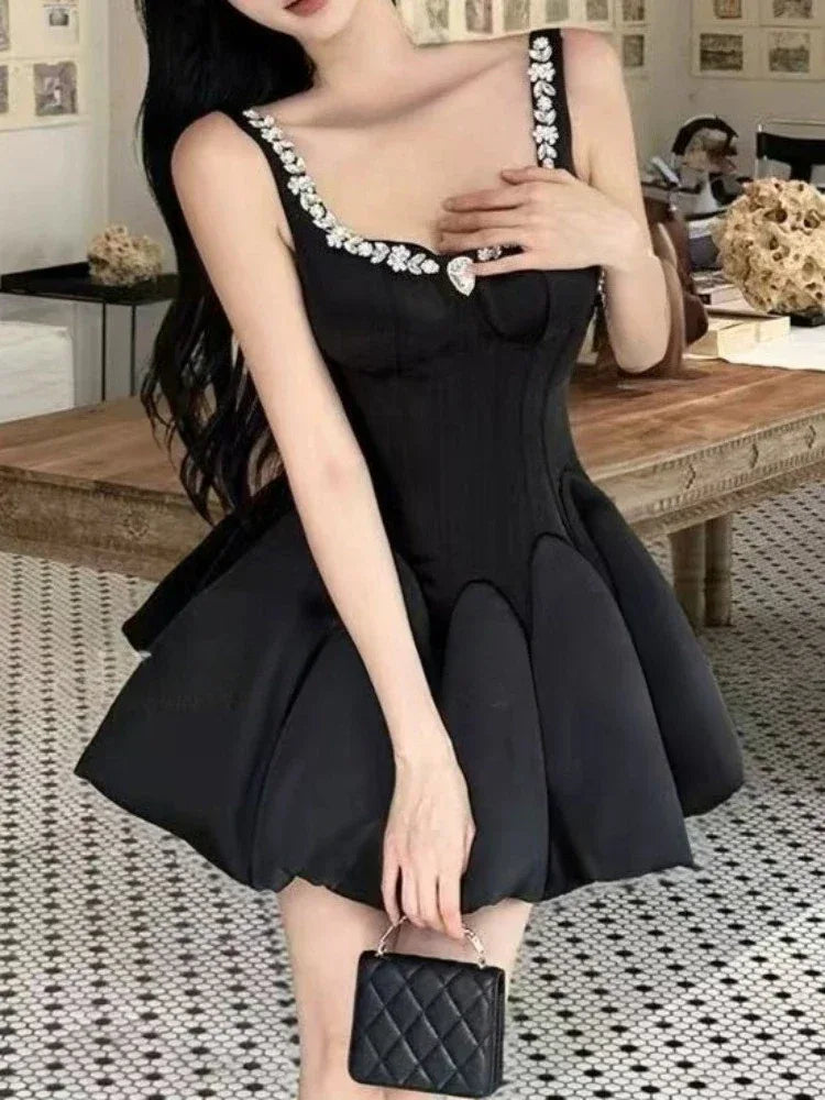 French Elegant Style Evening Party Short Dresses Women Vintage Rhinestone Strap Hepburn Dress Sweet Princess Clothing 2025 New - Luvia