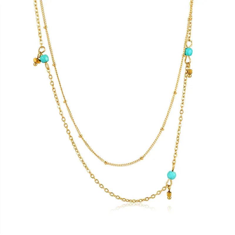 Gold Plated Stainless Steel Layered Necklace for Women Green Beads Pendant Choker Chain Necklaces Engagement Fashion Jewelry - Luvia