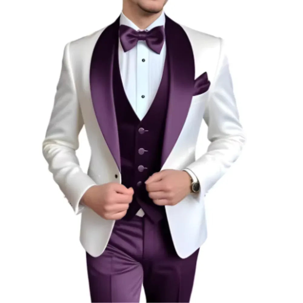 Formal 3 Piece Men's Suits Elegant Full Set Single Breasted Shawl Lapel Blazer Party Outwear Homme Costume（Jacket+Pants+Vest) - Luvia
