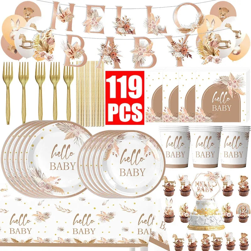 kit Kids Birthday Party Balloons Hello Baby Boy Girl DIY Cake Topper Paper Tableware 1st Birthday Party Baby Shower Decorations - Luvia