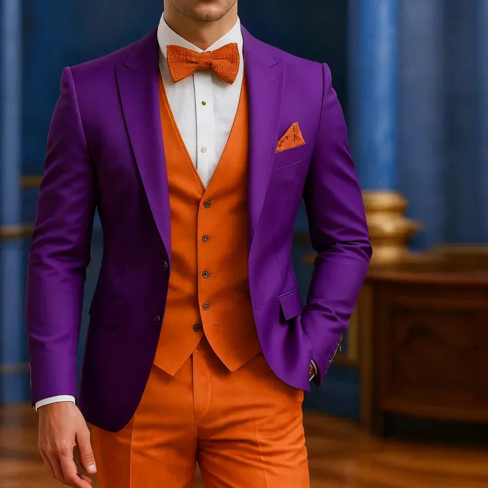 Men's Formal White And Orange Suit Occasion Wedding Groomsmen Graduation Dance Smoking 3 Piece Tuxedo Traditional Male Attire - Luvia