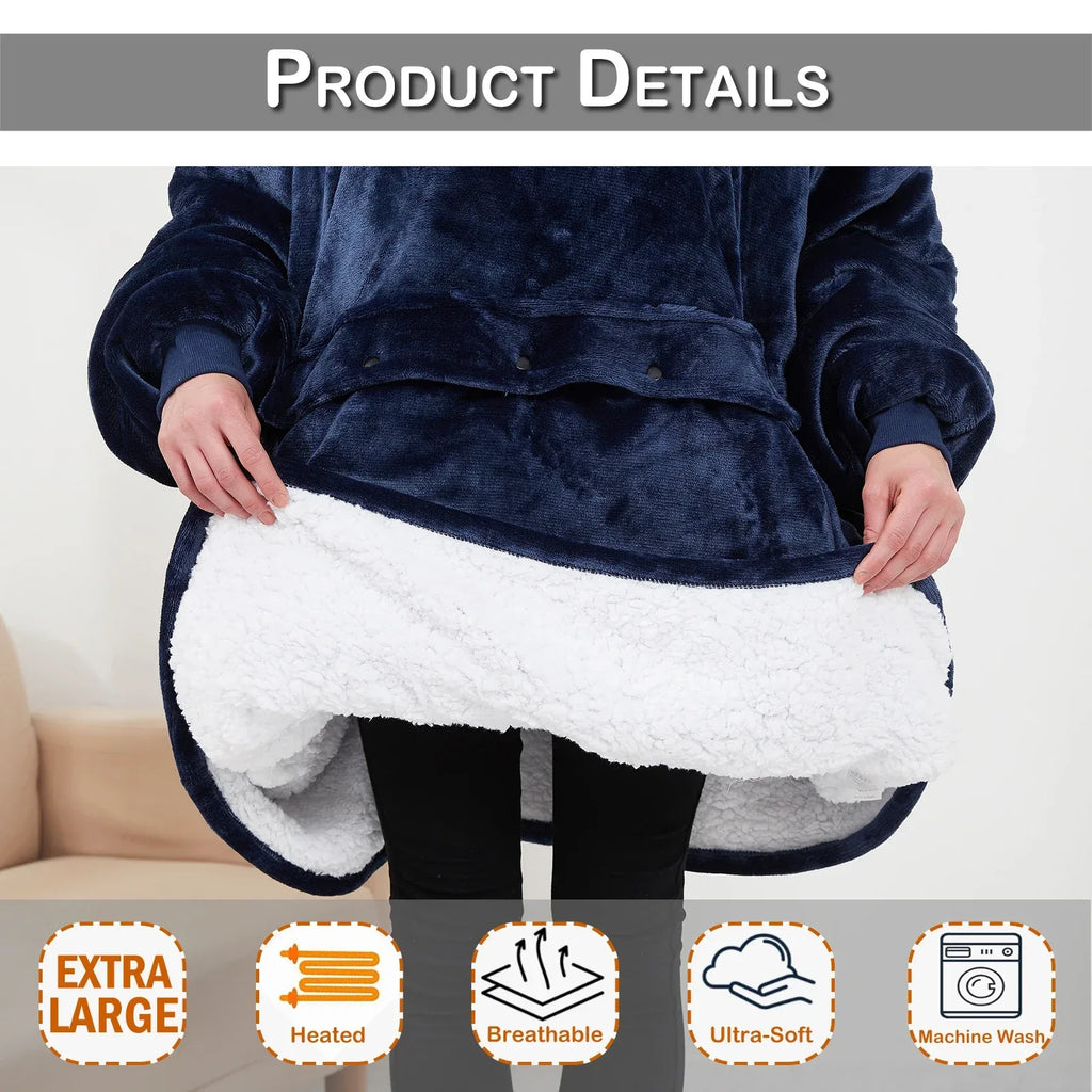 Oversized Wearable Blanket Hoodie with Sleeves Pocket Sherpa Fleece Blanket Sweatshirt Warm Thick Plush Heating Hooded Blankets - Luvia