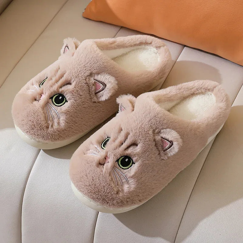 Winter Warm Slipper Women House Fuzzy Cat Cartoon Fur Plush Indoor Lazy Female Thermal Home Shoe Furry Funny Flat flip flop - Luvia