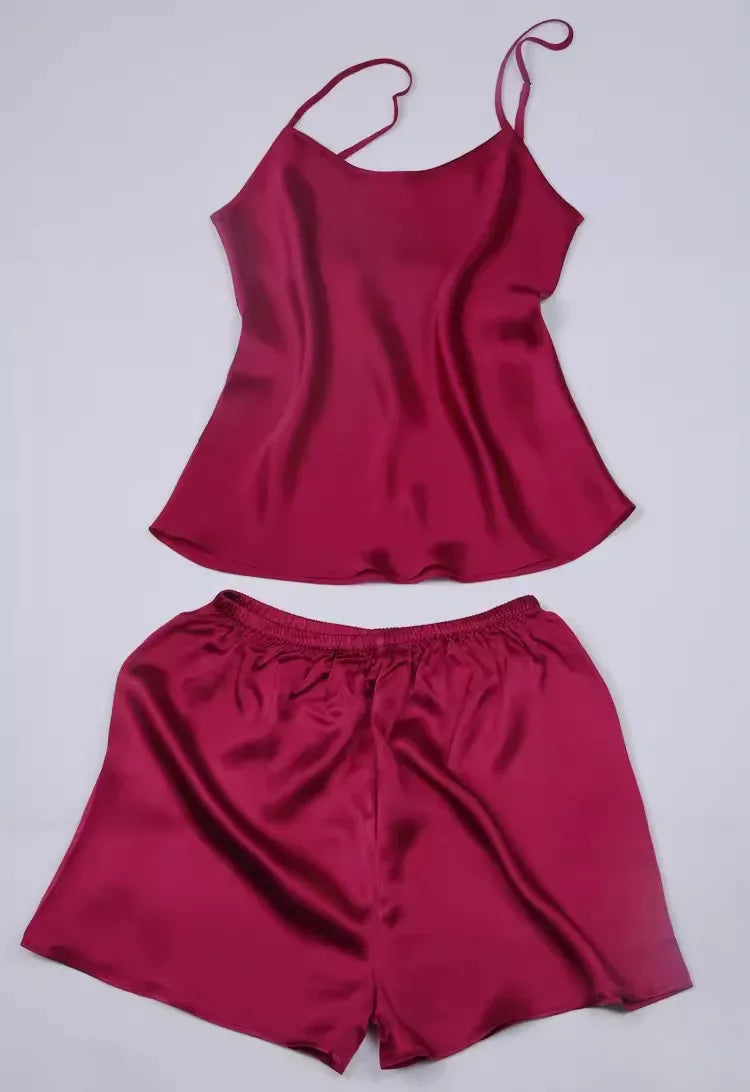 Women 100% Natural Silk 16 momme satin silk Camisole with Shorts Pajama Set Sleepwear M-2XL YM004 - Luvia