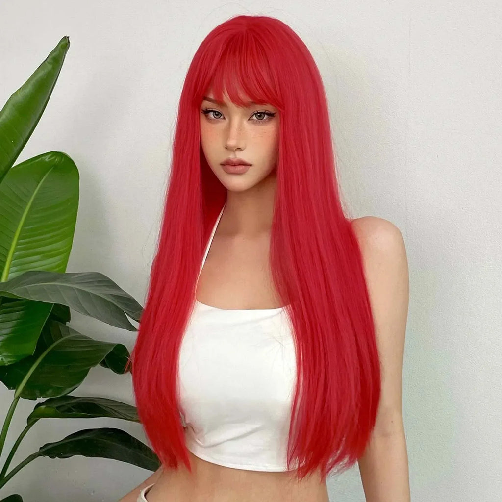 Synthetic Straight Wigs with Bangs Long Silky Heat Resistant Fiber Hair Full Machine Wig Cosplay Party Wig For Fashion Women - Luvia