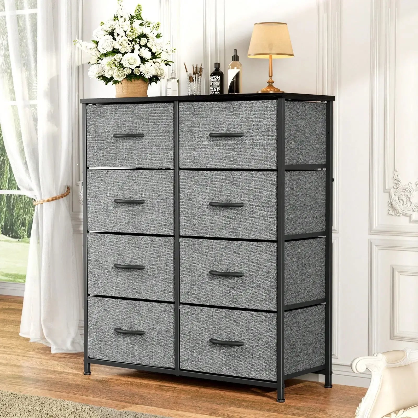 Tall Dresser With 8 Fabric Drawers Organizer Units, Chest Of Drawers For Bedroom With Wooden Top - Luvia