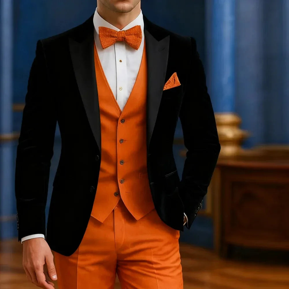 Men's Formal White And Orange Suit Occasion Wedding Groomsmen Graduation Dance Smoking 3 Piece Tuxedo Traditional Male Attire - Luvia