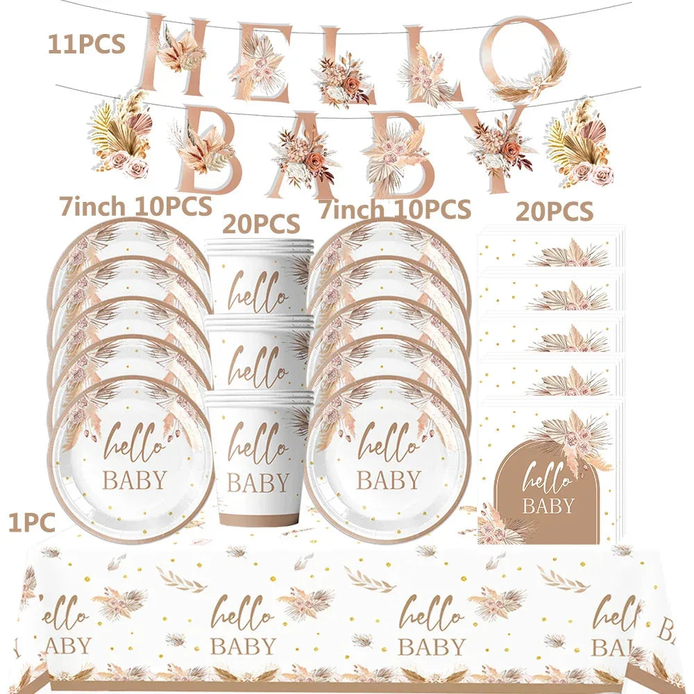 kit Kids Birthday Party Balloons Hello Baby Boy Girl DIY Cake Topper Paper Tableware 1st Birthday Party Baby Shower Decorations - Luvia