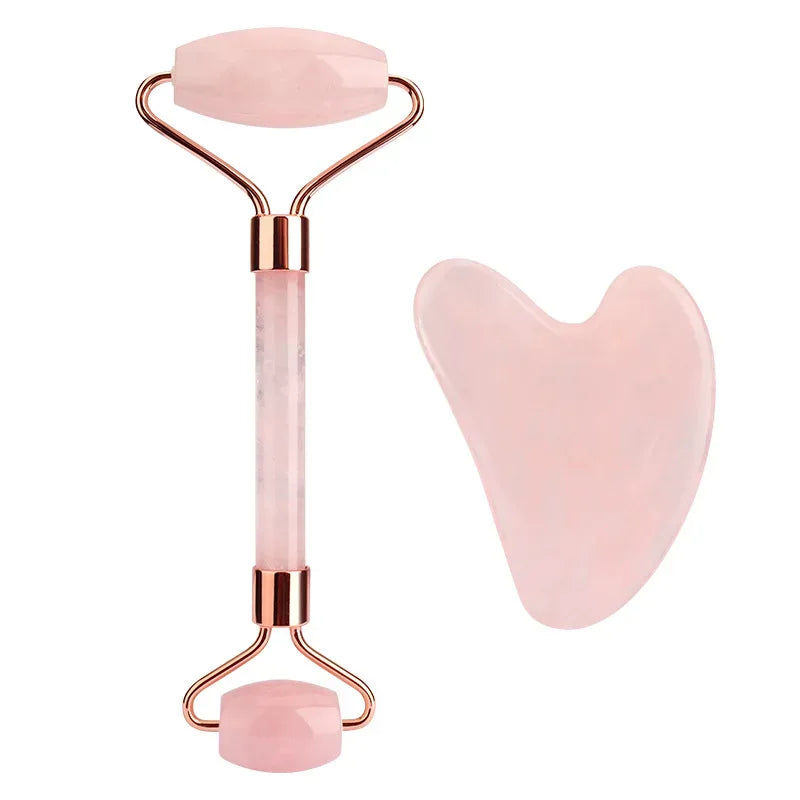 Natural Rose Quartz Jade Roller+Scraping Board Set Facial Massager Jade Stone Roller Gua Sha Face Lifting Massage Tool Skin Care - Luvia