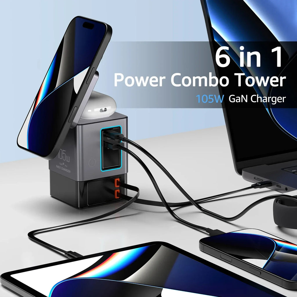 6-in-1 Charging Station with Retractable USB-C Cable Power Combo Tower 105W for Multiple Devices Fast Charger for iPhone Airpod - Luvia